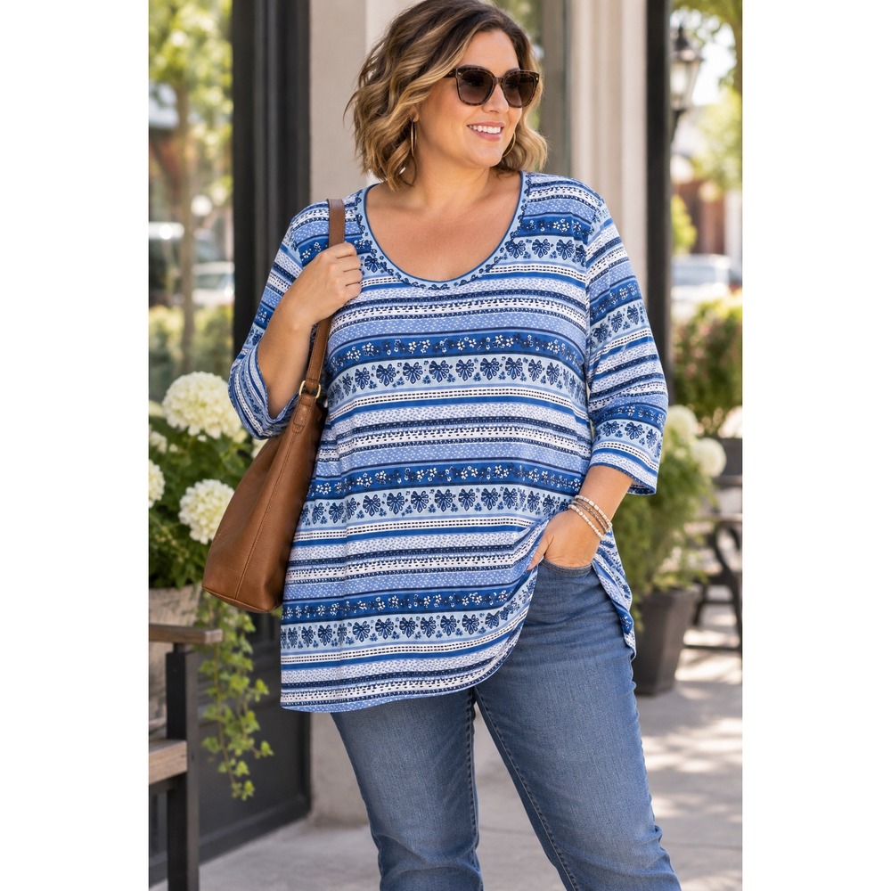 Woman Within Tunic Top Women's 1X 22/24 Blue White Floral Stripe Cotton Plus Sz